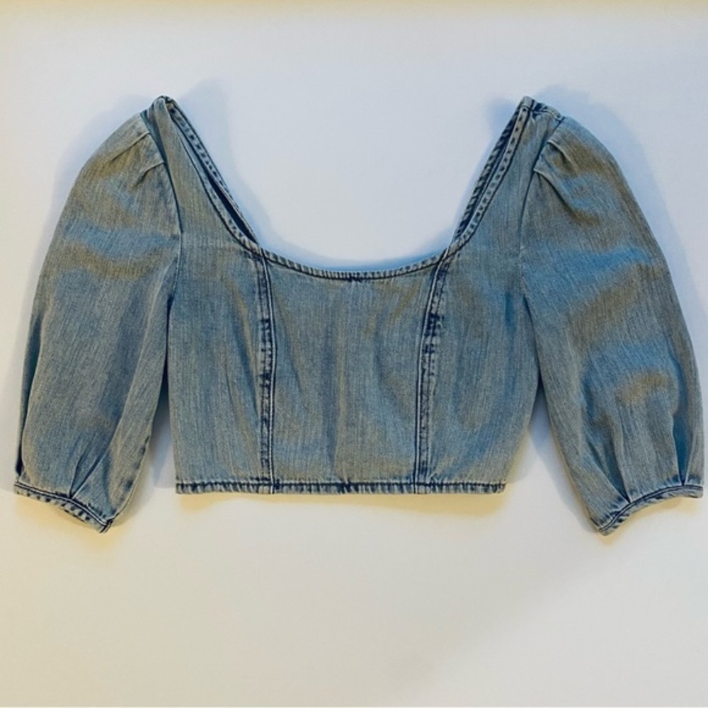 Women's Blue Denim Smocked‎ Crop Top S Western Y2K Indie Boho Festival Going Out